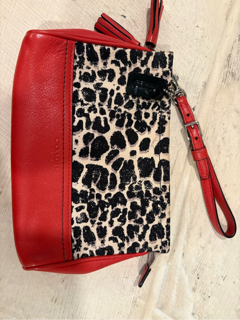Coach Red Leather Wristlet with Black Leopard Panel
